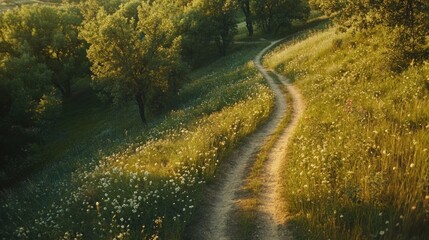 A winding dirt path leads through a grassy meadow and up a hill, surrounded by trees.