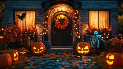Obraz premium Jack-O'-Lanterns and a Skeleton on a Halloween Porch