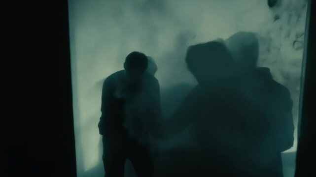 People experiencing hallucinations in dark foggy room