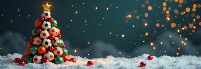 Unique Christmas tree made from colorful soccer balls displayed on snowy background during winter festivities