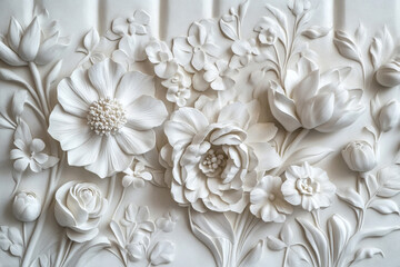 Intricate White Bas-Relief Floral Sculpture: A Delicate Masterpiece of Artistry Embellishing the Wall