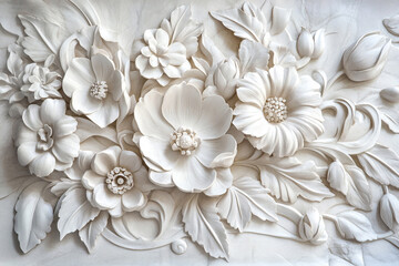 Intricate White Bas-Relief Floral Sculpture: A Delicate Masterpiece of Artistry Embellishing the Wall