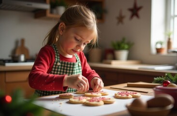 Young child decorates cookies in a cozy kitchen during the holiday season, showcasing a delightful baking activity with festive sprinkles