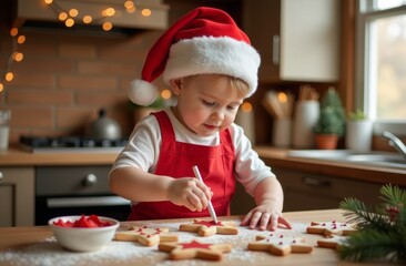 A cheerful child in a Santa hat decorates holiday cookies in a cozy kitchen filled with festive decorations