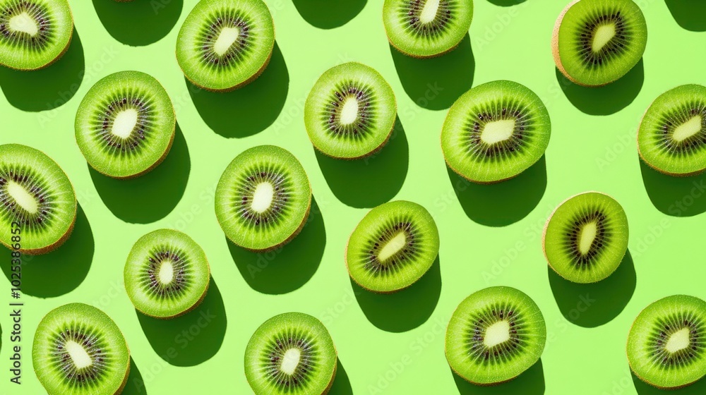 Poster a flat lay of kiwi fruit slices arranged in a pattern on a green background.
