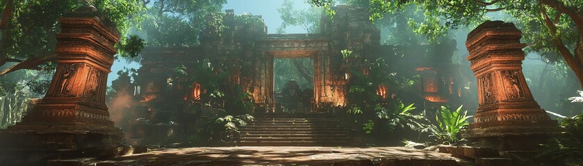 Naklejka premium Eye-level angle, lush fantasy jungle, ancient temples, glowing bioluminescent plants, ethereal creatures, vibrant worlds, immersive exploration