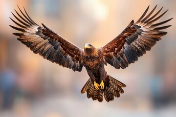 Obraz premium Majestic eagle in flight, showcasing its powerful wings and sharp features.