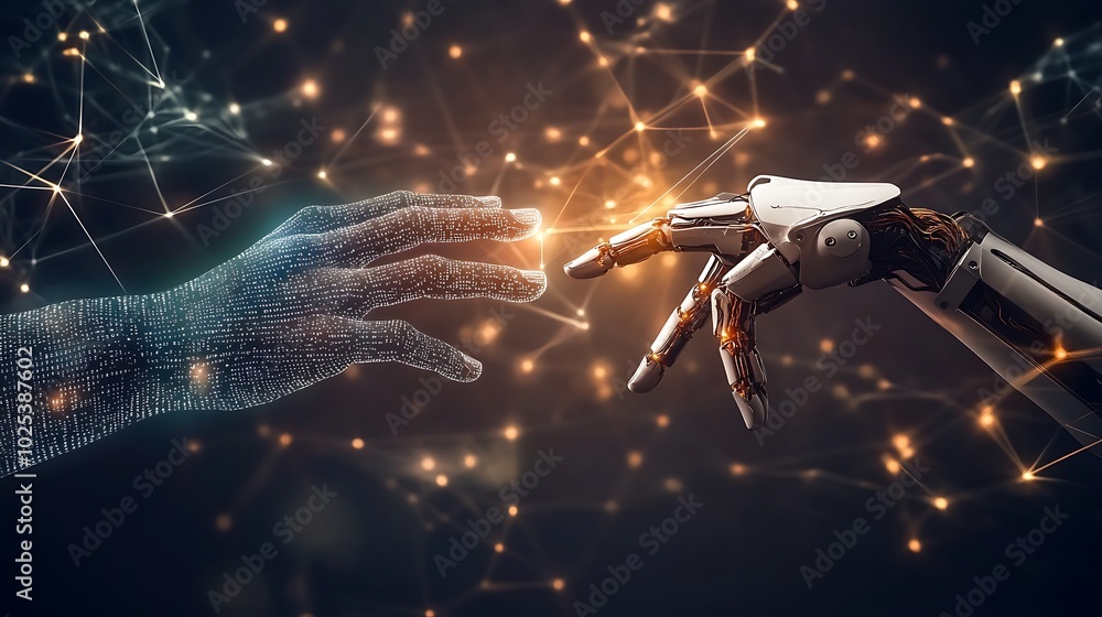 Poster a human hand and a robotic hand reach towards each other, connected by a network of glowing lines.