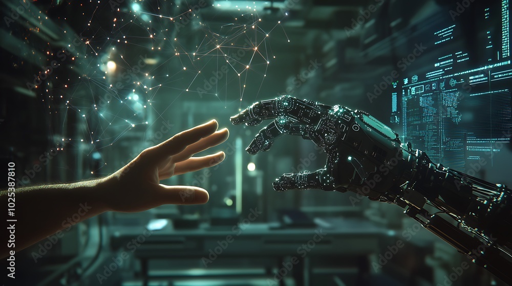 Poster a human hand reaches out to a robotic hand in a futuristic laboratory setting, surrounded by glowing