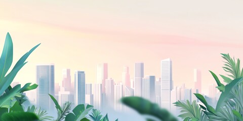 Fototapeta premium Frontal view of a minimalist utopian cityscape, serene skyline with lush greenery and soft pastel colors, dreamlike atmosphere