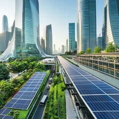 Fototapeta premium Modern city with green spaces and solar panels
