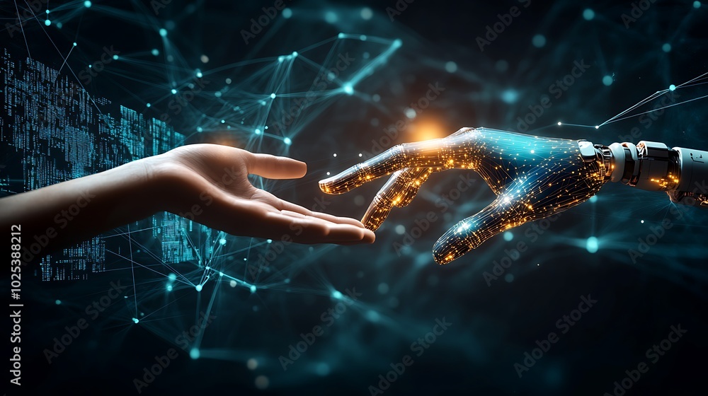Poster a human hand reaches out to a robotic hand, symbolizing the relationship between humans and artifici