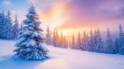 A snow-covered Christmas tree stands tall in a winter landscape under a vibrant blue and purple sky at sunset