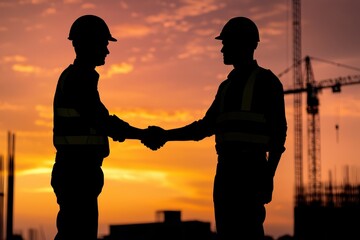 Construction workers shaking hands in silhouette against a sunset background.