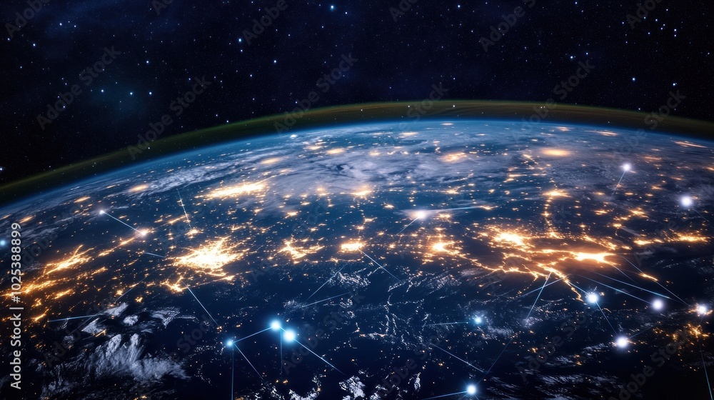 Poster earth at night with illuminated cities and interconnected network lines