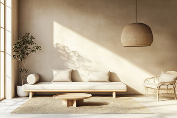 "Modern Japandi Style Living Room,Scandinavian Elegance with Natural Wood and Plaster Accents in Sunny Interior