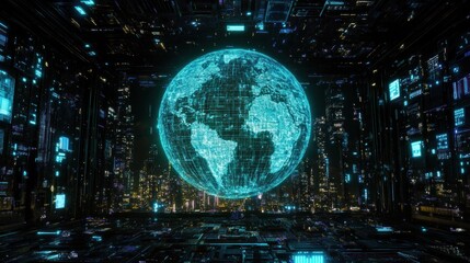 Fototapeta premium Futuristic Cityscape with Holographic Earth Globe