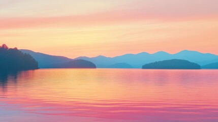 A scenic view of a lake with mountains in the background during sunrise. The water is calm and reflects the colors of the sky.