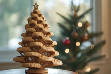 Woven Christmas tree centerpiece displayed indoors during the holiday season with a traditional evergreen tree in the background