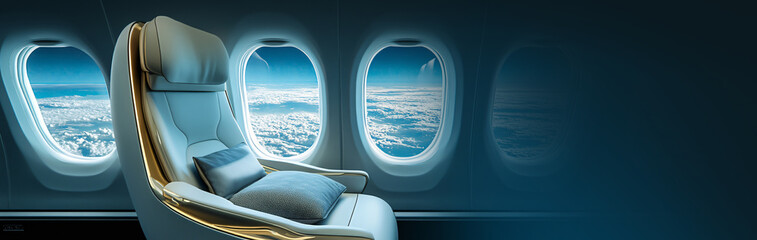 cinematic shot of a leather first class white plane seat and a cushion