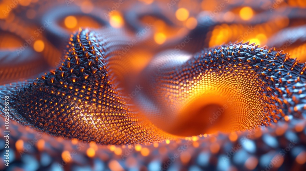 Poster abstract 3d rendering of a swirling, textured surface with metallic and orange hues.
