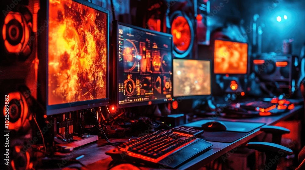 Poster red and blue lit gaming setup with multiple monitors
