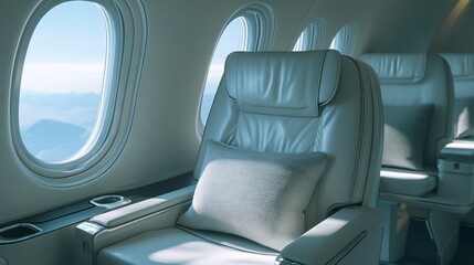 cinematic shot of a leather first class white plane seat and a cushion