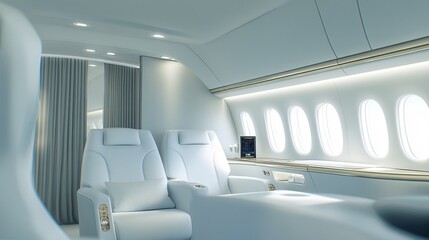 Fototapeta premium cinematic shot of a leather first class white plane seat and a cushion