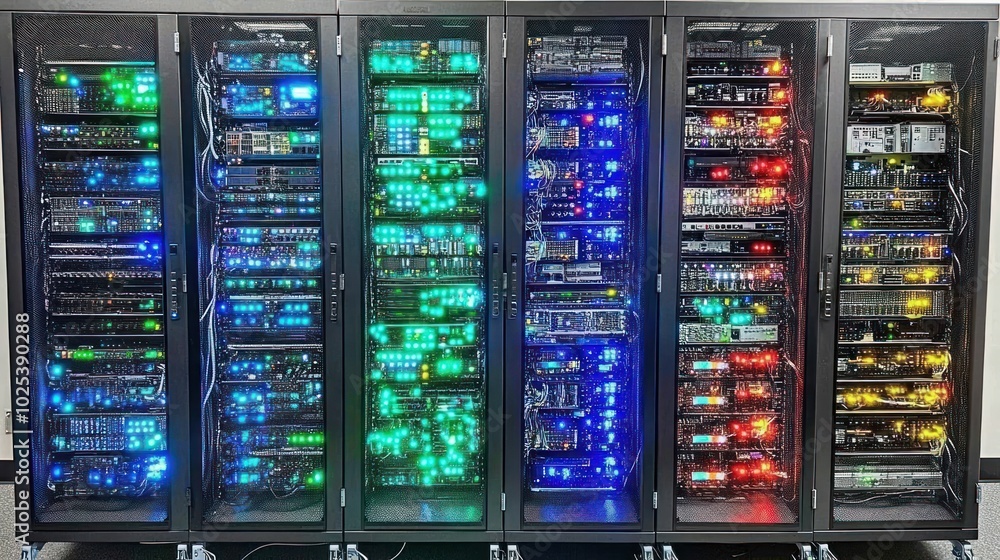 Poster A row of server racks with colorful lights illuminating the internal components.