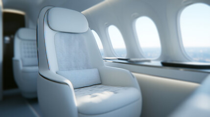 Fototapeta premium cinematic shot of a leather first class white plane seat and a cushion