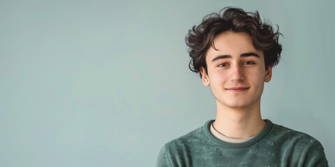 Fototapeta premium Smiling Young Man with Curly Hair Against a Soft Blue Background