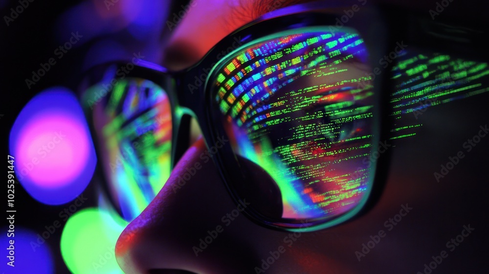 Poster A Person's Face Reflected in Glasses, Revealing a Screen Displaying Green Code