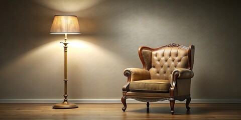 Classic armchair with attached lamp and light bulb illuminating the room