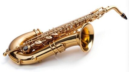 Classic brass tenor saxophone isolated on white background