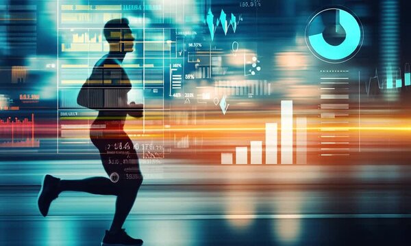 Silhouette of a runner with technology and data visualizations