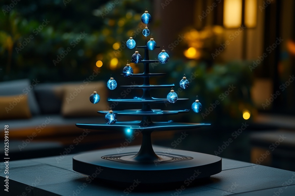 Poster Floating digital Christmas tree made of light particles, with each ornament representing a family memberâ€™s location in real-time, connecting loved ones across the globe