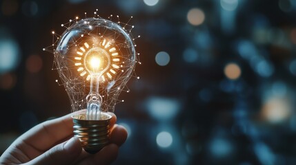 A Hand Holding a Lit Light Bulb with a Network of Lines and Dots