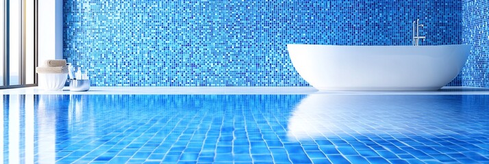 bathroom with white bathtub and white sink, light blue tiles on the wall