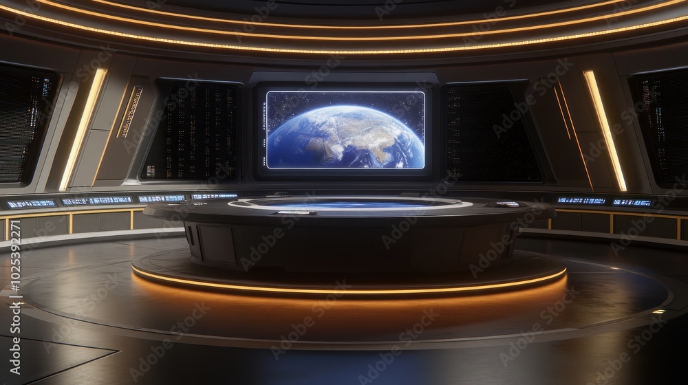 Poster Futuristic spaceship interior with a view of Earth on a monitor