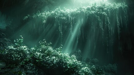 Sunlight Beams Through Underwater Cave