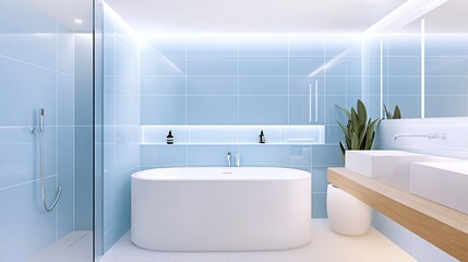 bathroom with white bathtub and white sink, light blue tiles on the wall