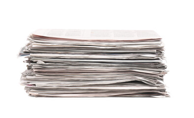 Stack of many newspapers isolated on white