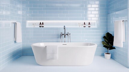 bathroom with white bathtub and white sink, light blue tiles on the wall