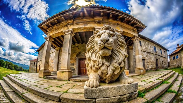 Classical lion statue in Riano's horreo