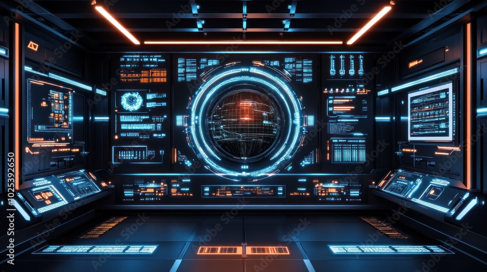 Poster futuristic control room with glowing interfaces and a globe