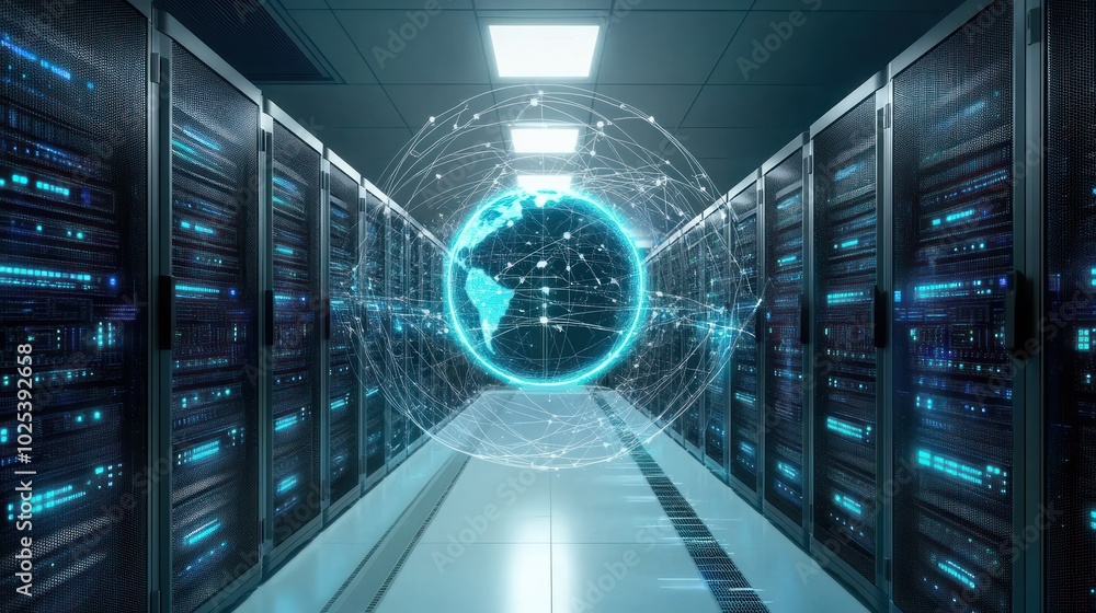 Poster Server Room with Global Network Connection Visualization