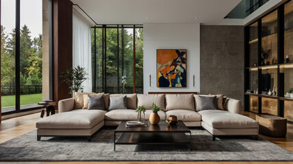 Modern living room interior 3d render. Living room interior design.