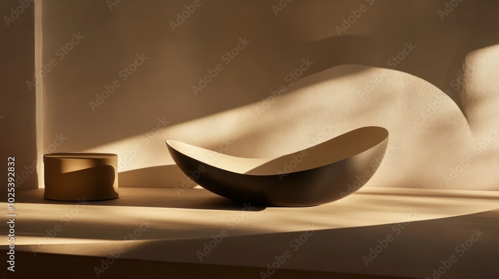 Poster a black bowl with a white interior sits on a table with soft natural light and shadows casting a cur