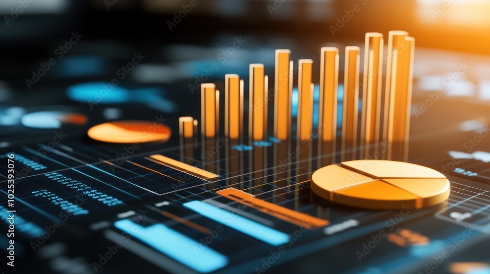 Poster Golden Bar Graph and Pie Chart on a Digital Display