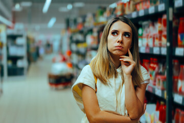 Undecided Customer Thinking What to Buy in Supermarket. Woman in doubt thinking about price...